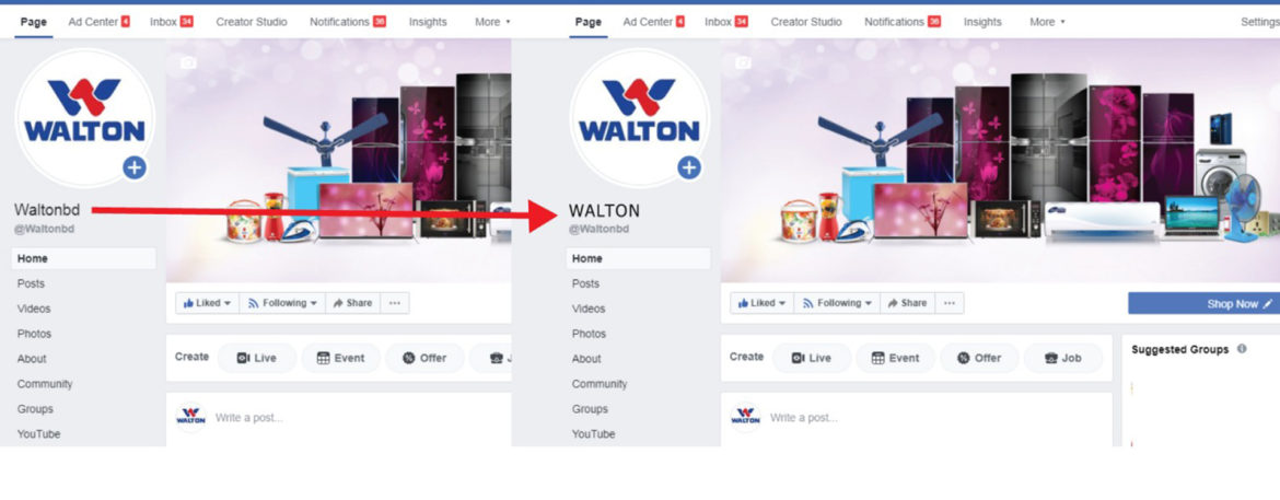 Official Facebook page name of Walton changed